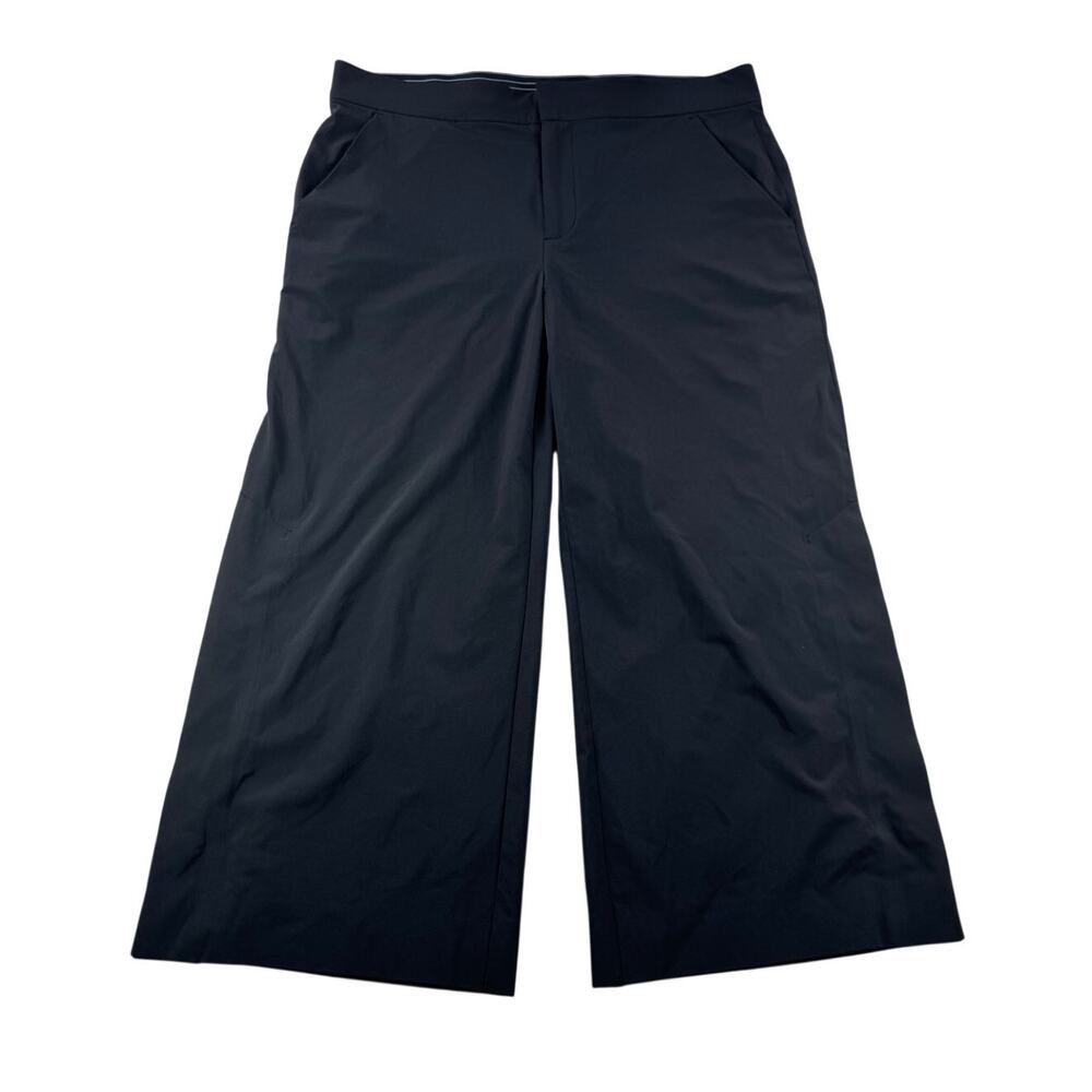 Athleta Tribeca Crop Pants 12 Black Snap Hem Wide Leg Capri Casual Stretch